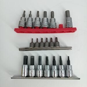 19 Duralast 1/4 & 3/8" Dr Hex Allen Torx Bit Socket Set T10-T30 W Rails